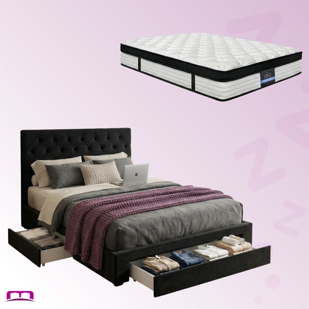 Queen Package | Lunara Storage Bed Black & Serenity Euro Top Mattress (Medium Firm)