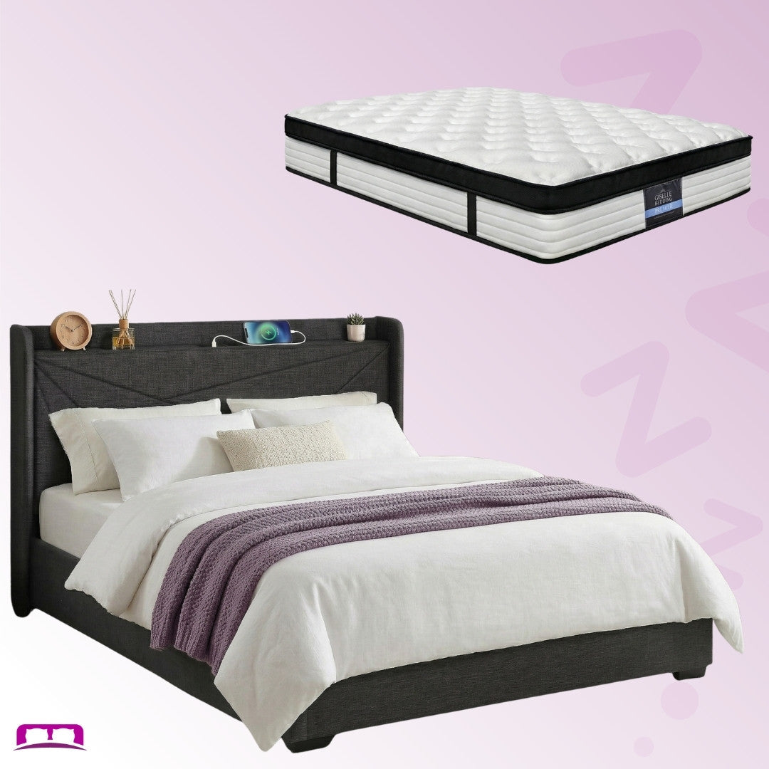 King Package | Moree King Gas Lift Bed Frame Charcoal & Serenity Euro Top Mattress (Medium Firm)