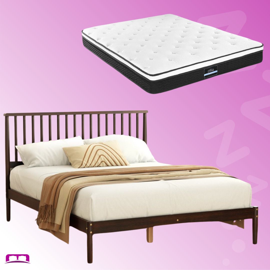 Queen Package | Vise Solid Pinewood Bed Frame Walnut with Bonita Pillow Top Mattress (Medium Firm) on pink background