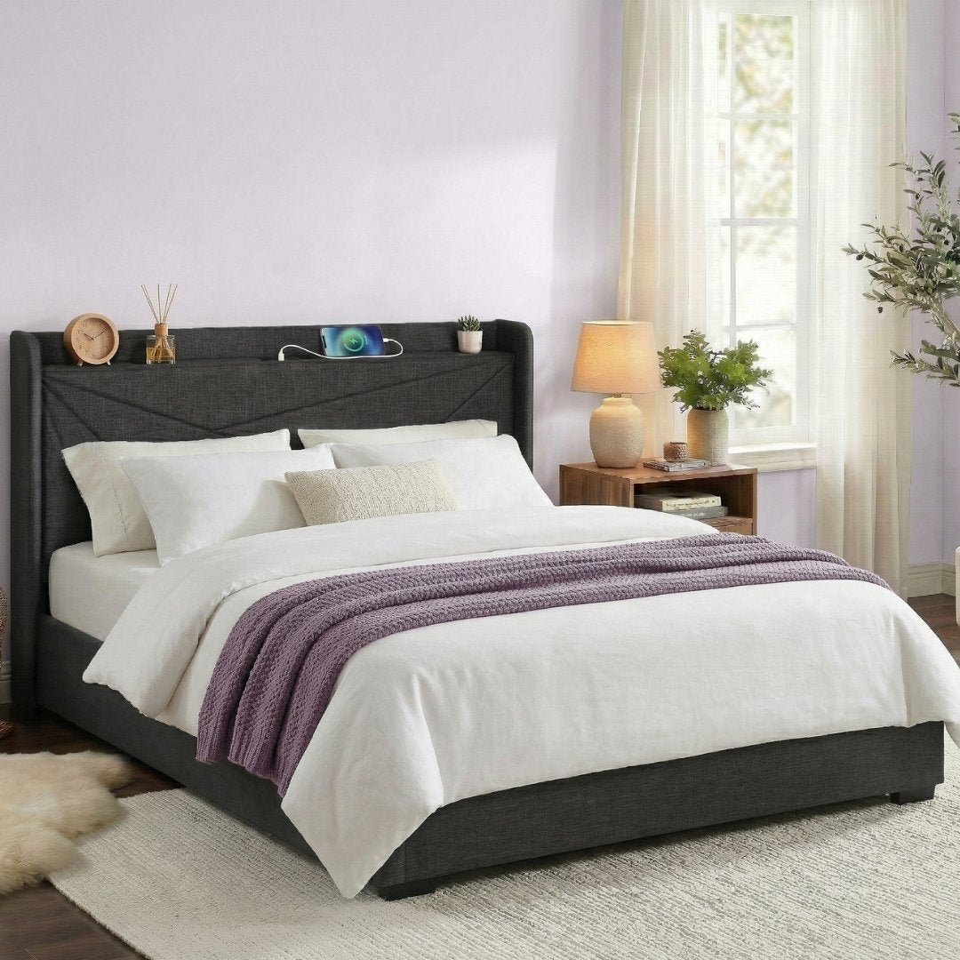 Queen Package | Moree Gas Lift Bed Frame Charcoal & Serenity Euro Top Mattress (Medium Firm)