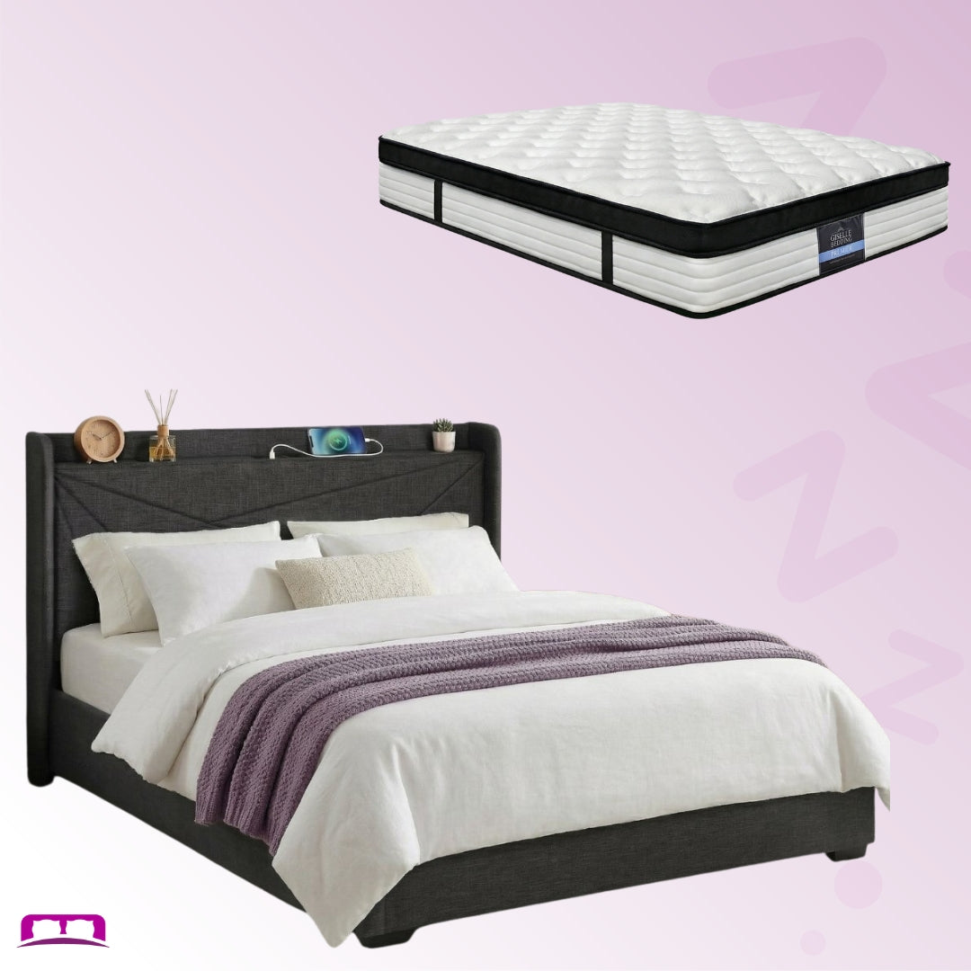Queen Package | Moree Gas Lift Bed Frame Charcoal & Serenity Euro Top Mattress (Medium Firm)