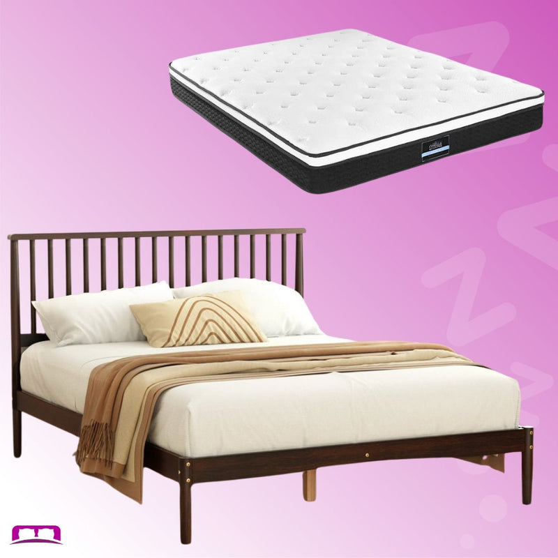 King Package | Vise Solid Pinewood Bed Frame Walnut with beige bedding and Bonita Pillow Top Mattress (Medium Firm) on purple background
