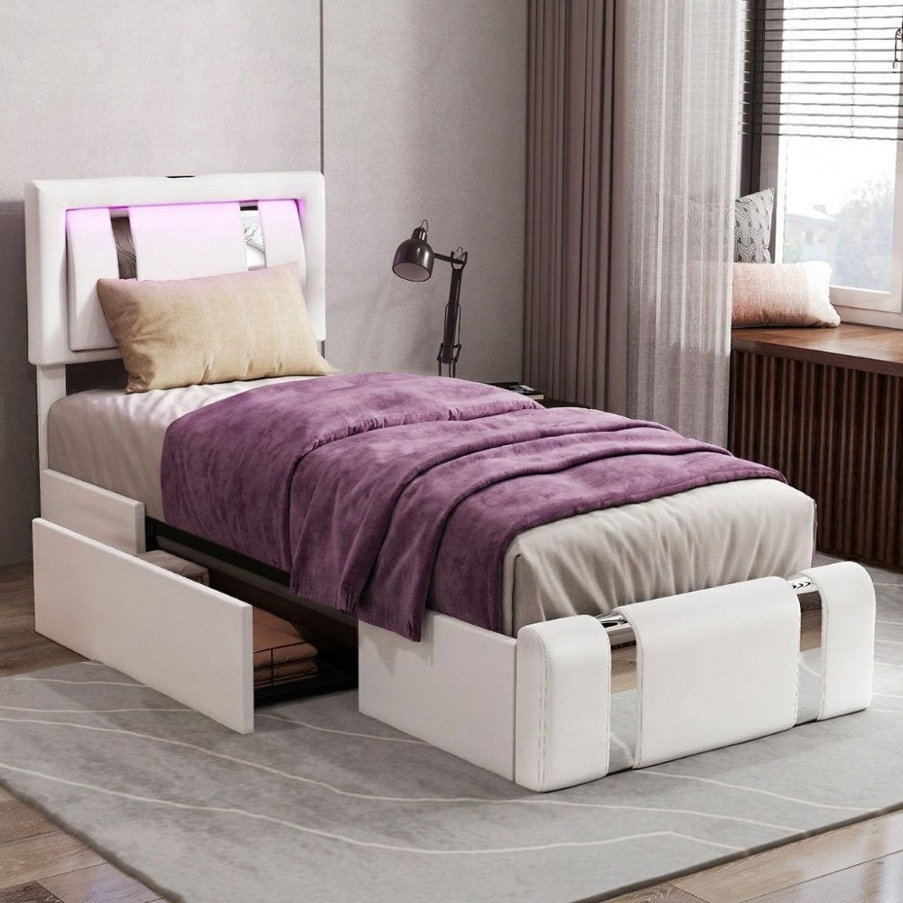 Single Package | Brighton LED Storage Bed Frame White & Glay Bonnell Spring Mattress (Medium Firm)