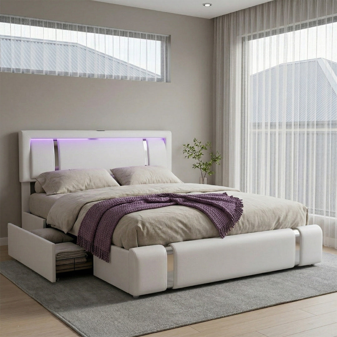 Brighton King LED Storage Bed Frame with USB Charging - White
