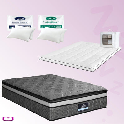 Double Comfort Package | Camille Series Pocket Spring Mattress (Medium Firm), Deluxe Pillowtop Topper, 2 Deluxe & 2 Cooling Pillows shown with bedding accessories.