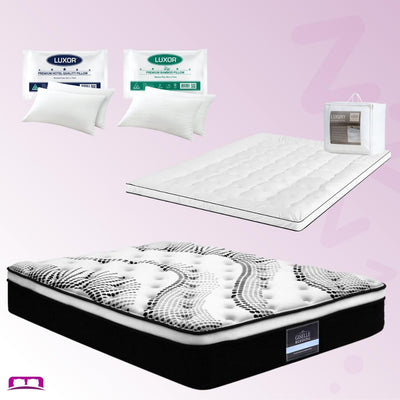 King Comfort Package | Como Series Euro Top Mattress (Medium Firm), Deluxe Pillowtop Topper, 2 Deluxe & 2 Cooling Pillows displayed with packaging and pillows