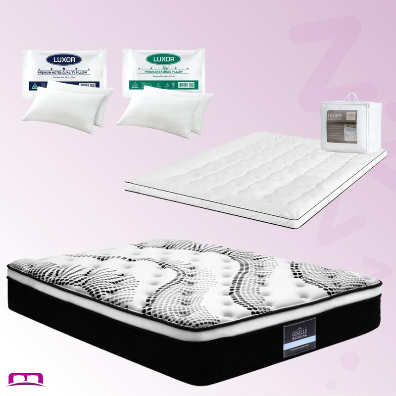 King Comfort Package | Como Series Euro Top Mattress (Medium Firm), Deluxe Pillowtop Topper, 2 Deluxe & 2 Cooling Pillows displayed with packaging and pillows