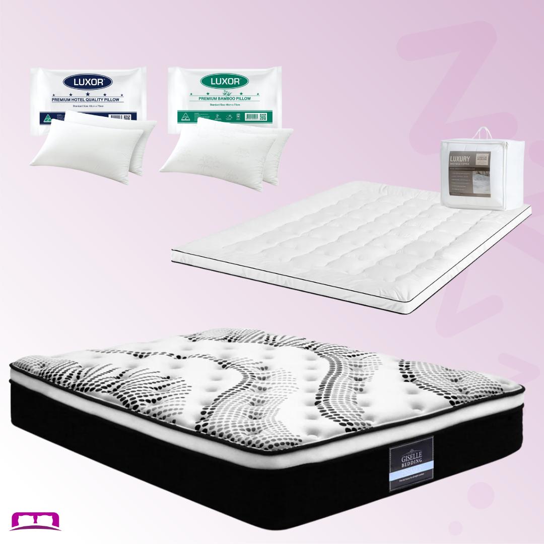 Queen Comfort Package | Como Series Euro Top Mattress (Medium Firm), Deluxe Pillowtop Topper, 2 Deluxe & 2 Cooling Pillows displayed on a light background