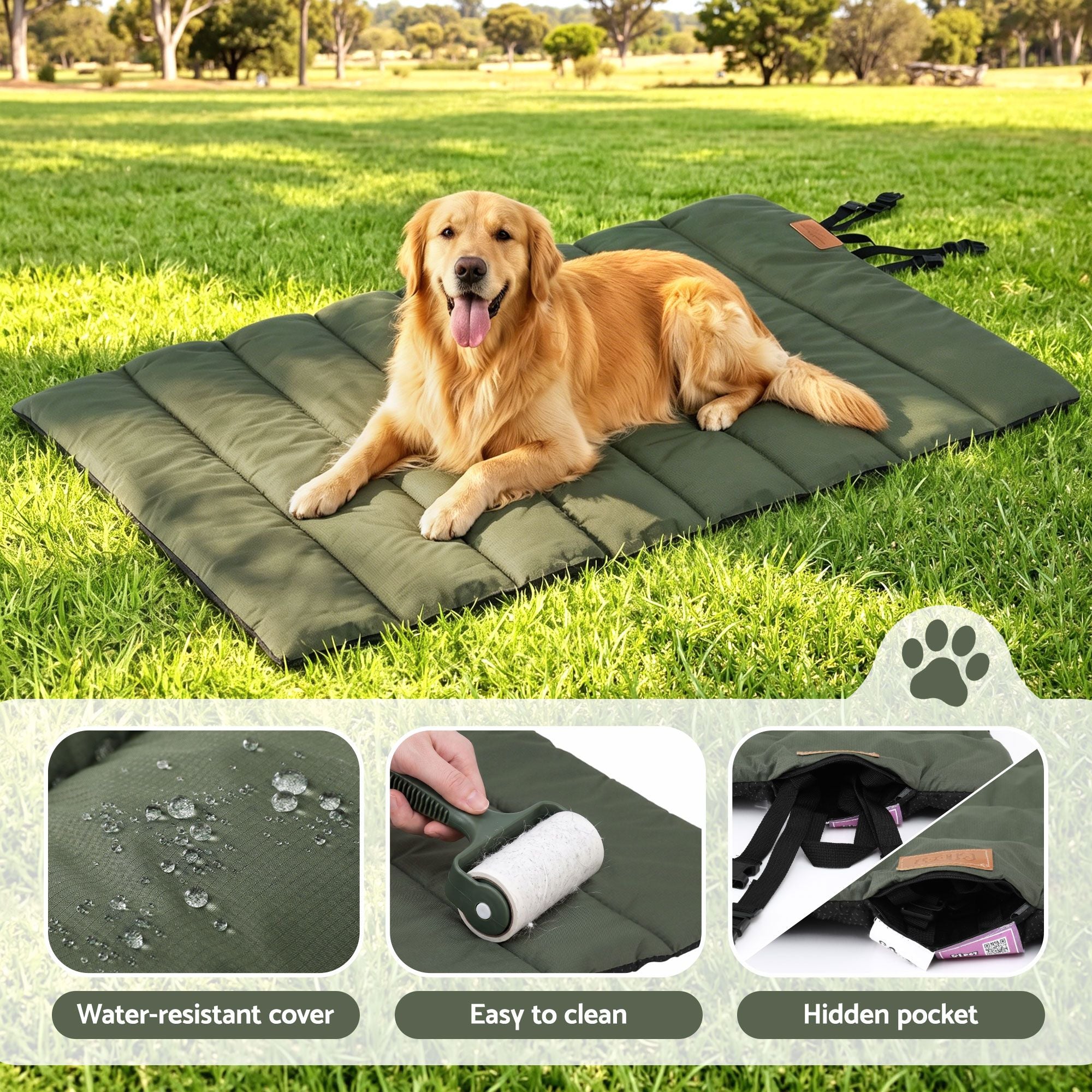Outdoor Dog Bed Large Water-resistant Washable Foldable Travel Dog Mat Green
