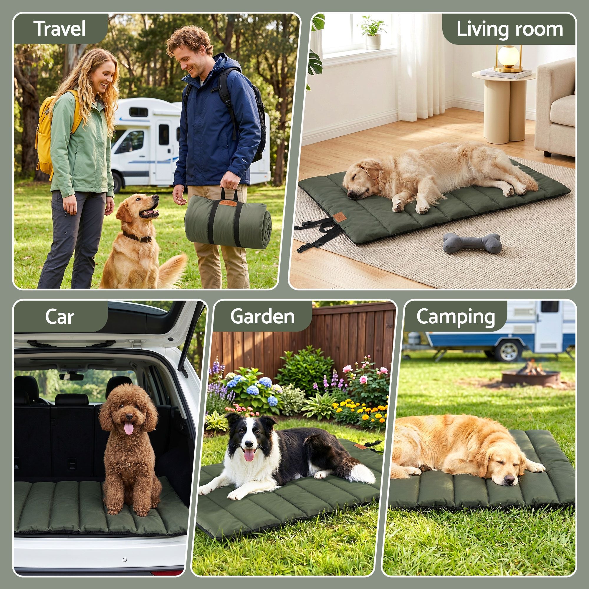 Outdoor Dog Bed Large Water-resistant Washable Foldable Travel Dog Mat Green