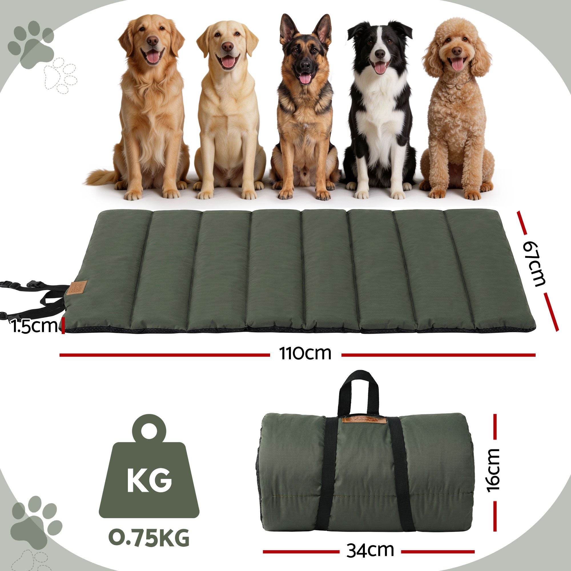 Outdoor Dog Bed Large Water-resistant Washable Foldable Travel Dog Mat Green