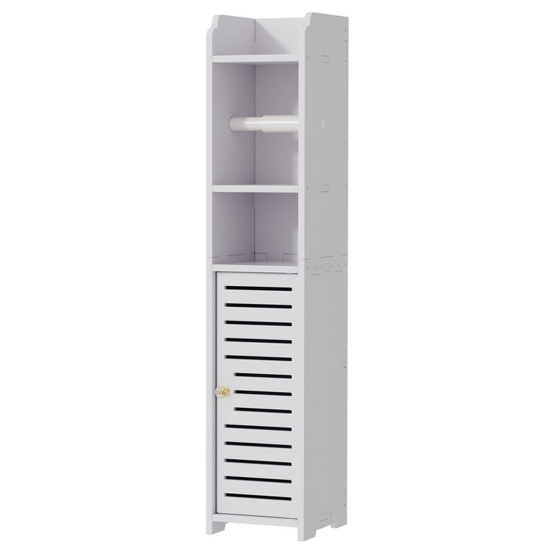 Bathroom Cabinet Toilet Roll Holder Tissue Organizer 3 Tier Floor Cabinet in white with shelves and door storage space.