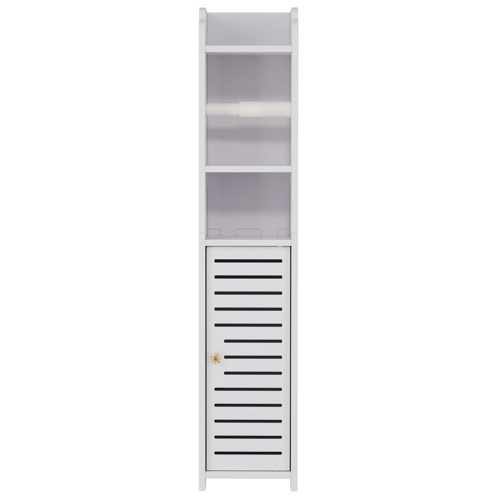 Bathroom Cabinet Toilet Roll Holder Tissue Organizer 3 Tier Floor Cabinet in white with shelves and slatted door storage