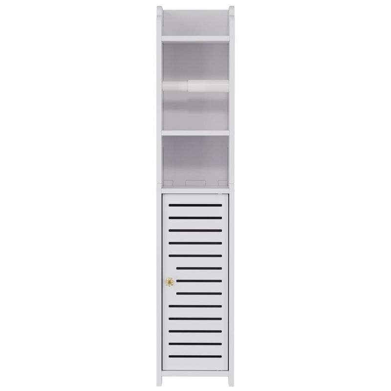 Bathroom Cabinet Toilet Roll Holder Tissue Organizer 3 Tier Floor Cabinet in white with shelves and slatted door storage