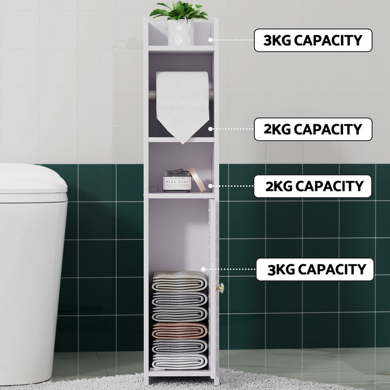 Bathroom Cabinet Toilet Roll Holder Tissue Organizer 3 Tier Floor Cabinet with labeled weight capacities on shelves in a bathroom setting