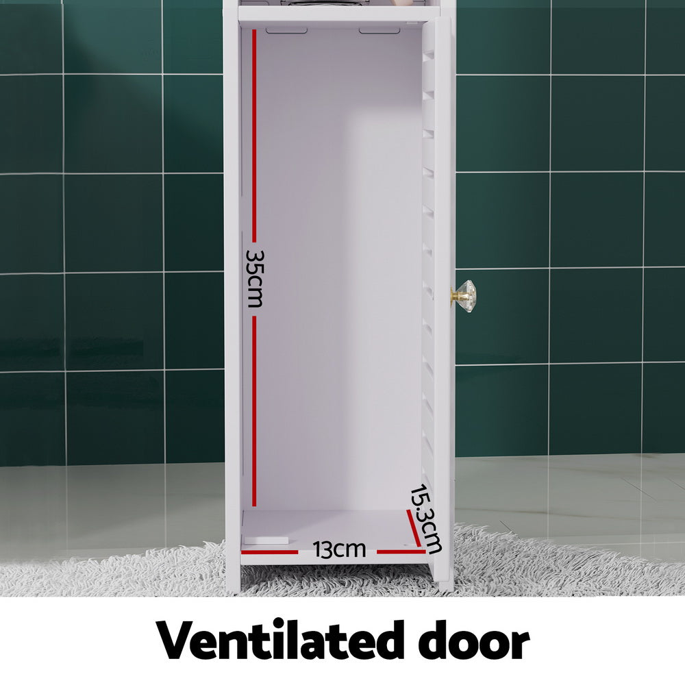 Bathroom Cabinet Toilet Roll Holder Tissue Organizer 3 Tier Floor Cabinet with white ventilated door and interior measurements shown