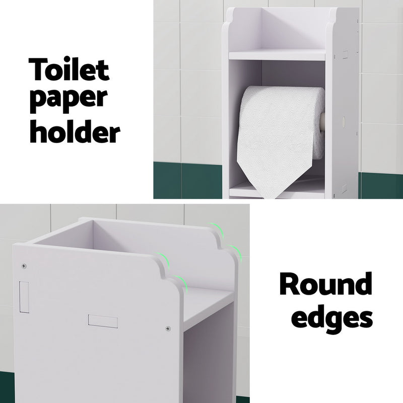 Bathroom Cabinet Toilet Roll Holder Tissue Organizer 3 Tier Floor Cabinet with round edges and compartment for toilet paper roll.