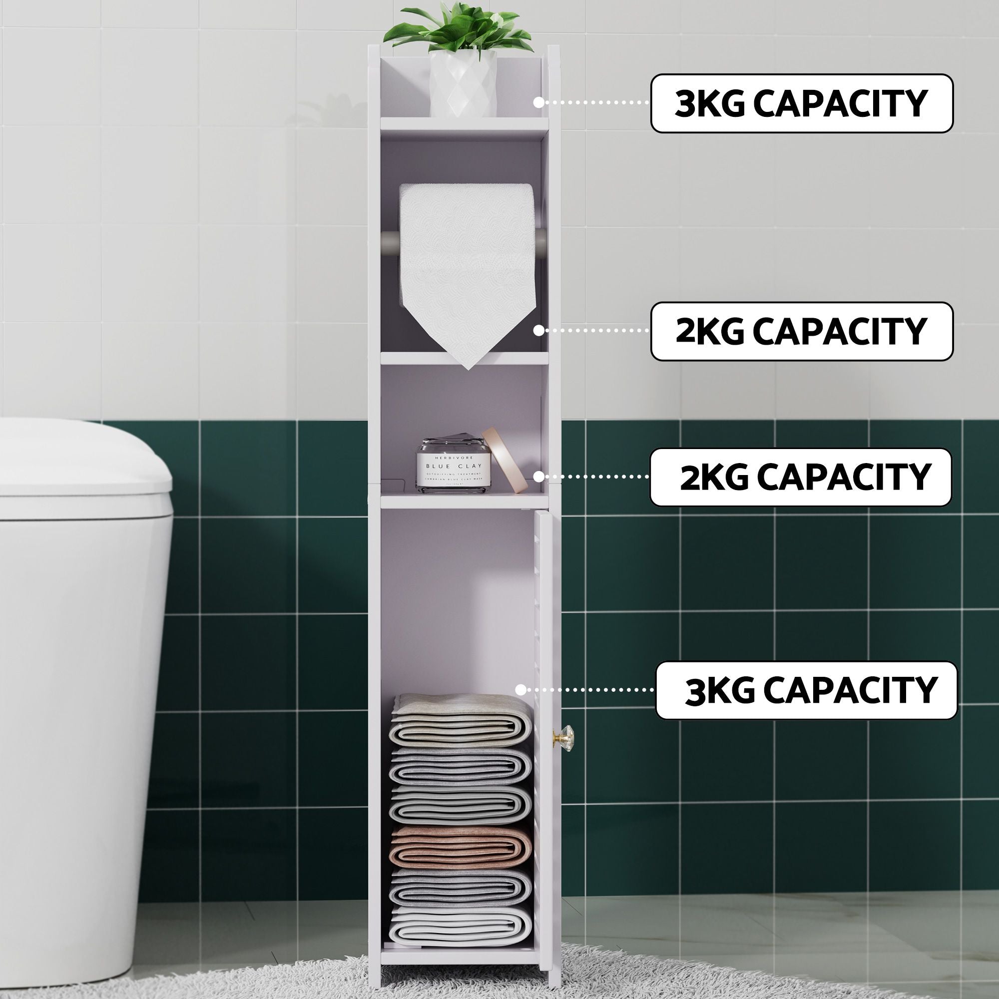 2X Slim Bathroom Storage Cabinets with Toilet Roll Holder 76cm - White