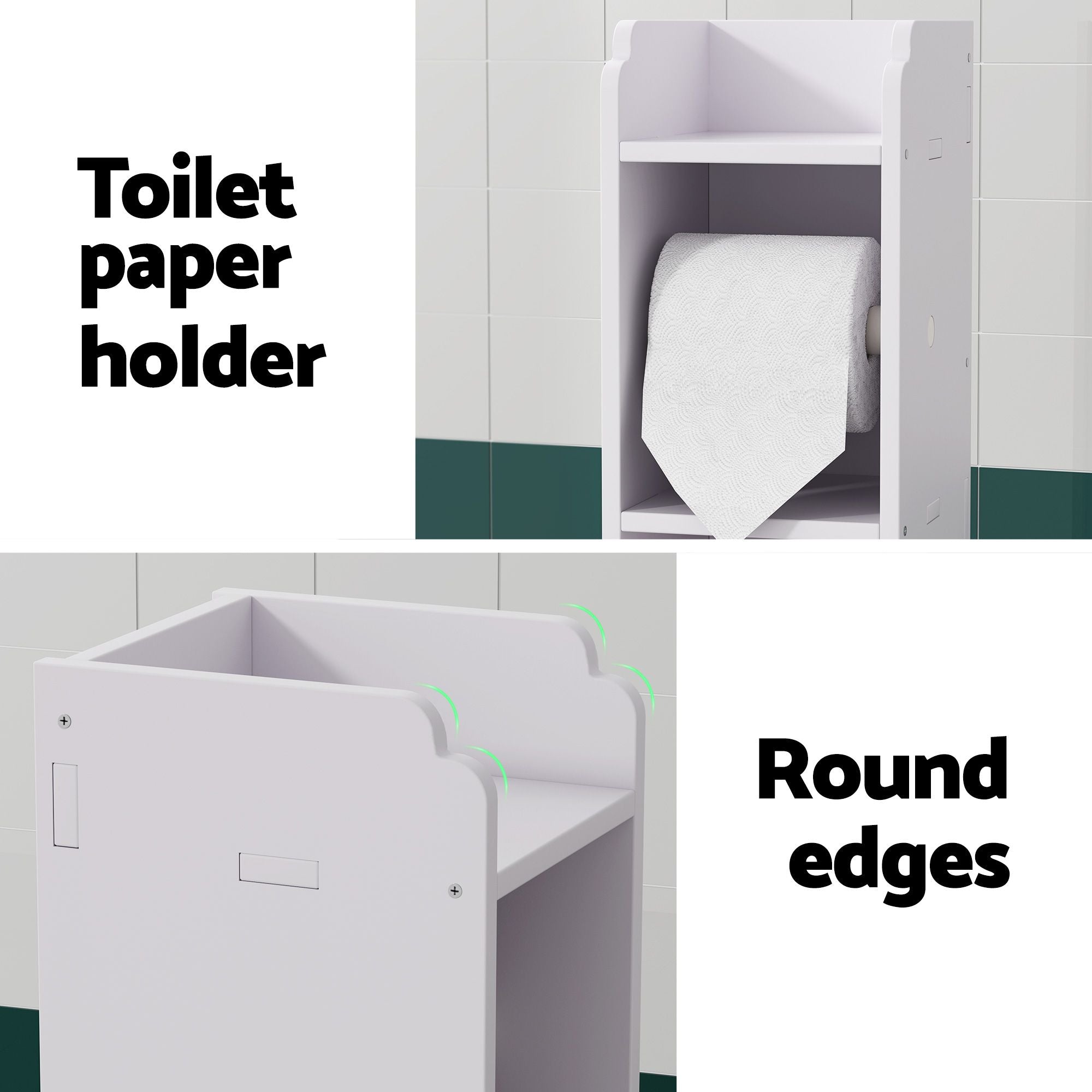 2X Slim Bathroom Storage Cabinets with Toilet Roll Holder 76cm - White