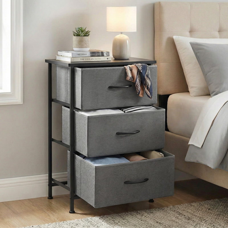 Chest of 3 Drawers Storage Dresser Tallboy Grey with fabric drawers and metal frame, styled in bedroom next to bed