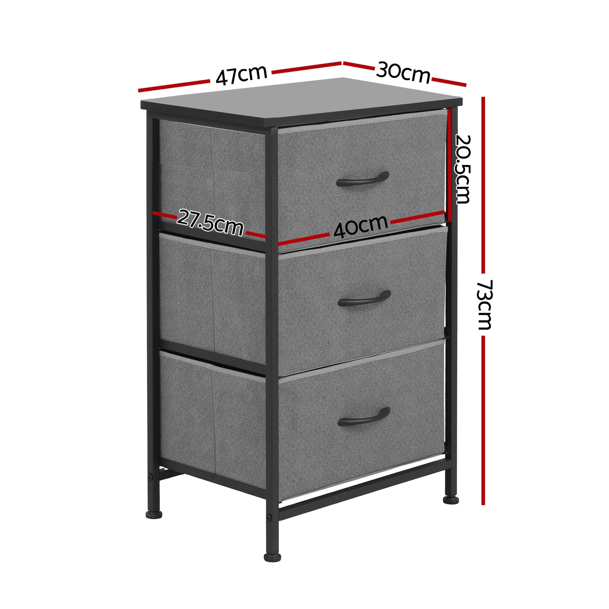 Chest of 3 Drawers Storage Dresser Tallboy Grey with black frame and fabric drawers, bedroom furniture by Bedzy