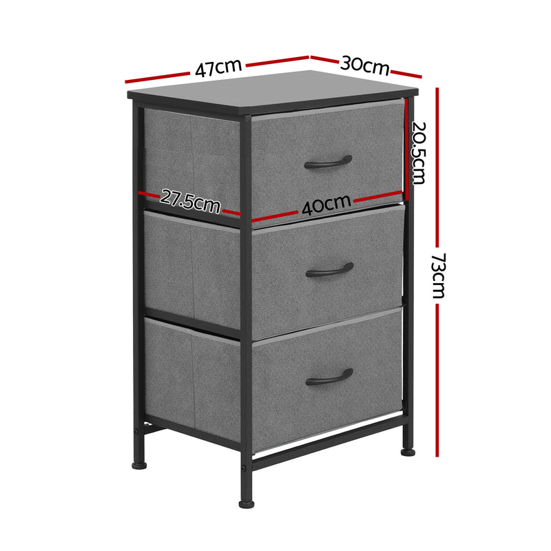 Chest of 3 Drawers Storage Dresser Tallboy Grey with black frame and fabric drawers, bedroom furniture by Bedzy