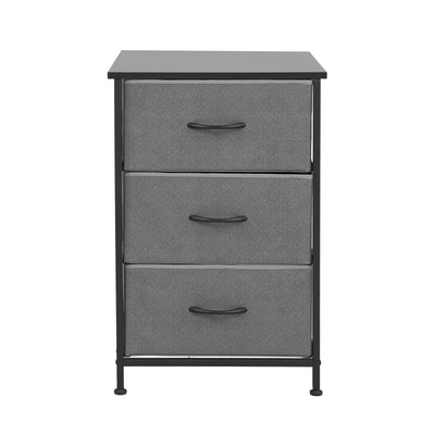 Chest of 3 Drawers Storage Dresser Tallboy Grey with fabric drawers and black metal frame, ideal for bedroom storage furniture