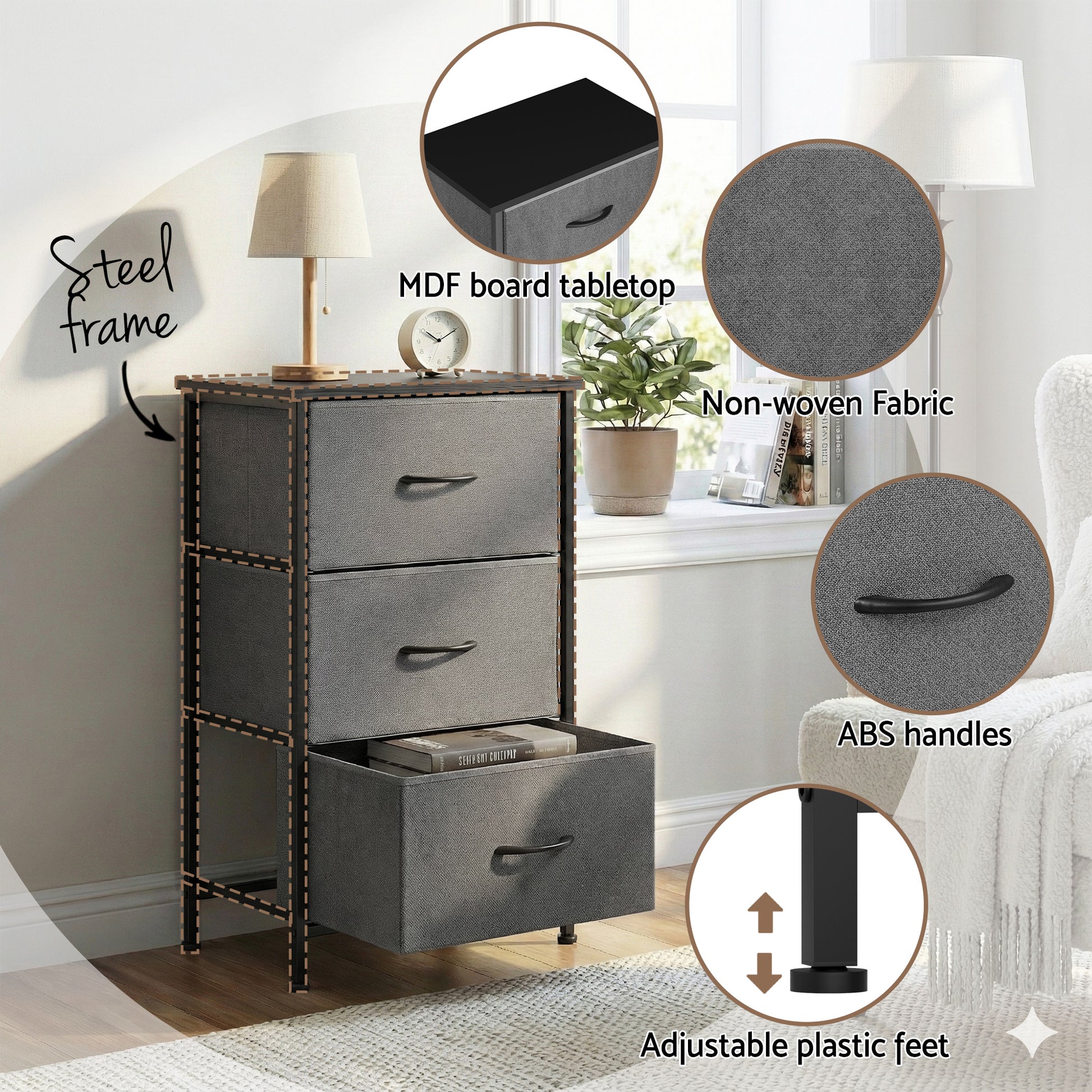 Chest of 3 Drawers Storage Dresser Tallboy Grey with steel frame, MDF tabletop, non-woven fabric drawers, and adjustable plastic feet