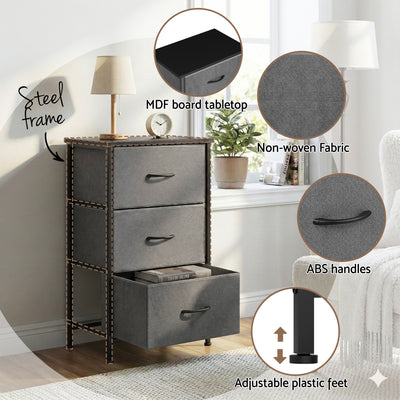 Chest of 3 Drawers Storage Dresser Tallboy Grey with steel frame, MDF tabletop, non-woven fabric drawers, and adjustable plastic feet