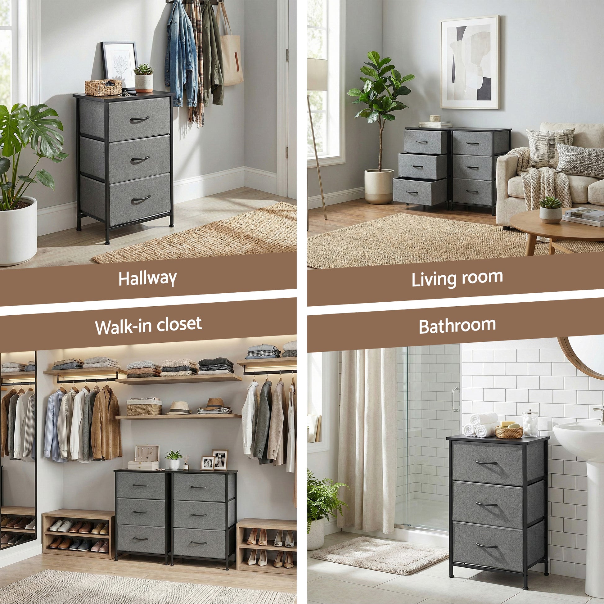 Chest of 3 Drawers Storage Dresser Tallboy Grey shown in hallway, living room, walk-in closet, and bathroom settings with bedroom furniture accents