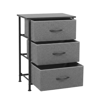 Chest of 3 Drawers Storage Dresser Tallboy Grey with fabric drawers and black metal frame, ideal bedroom furniture storage solution