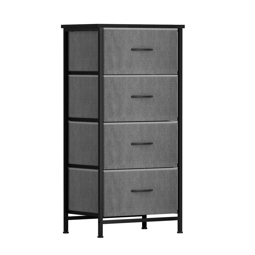 Chest of 4 Drawers Storage Dresser Tallboy Grey with metal frame and fabric drawers, ideal for bedroom furniture by Bedzy.