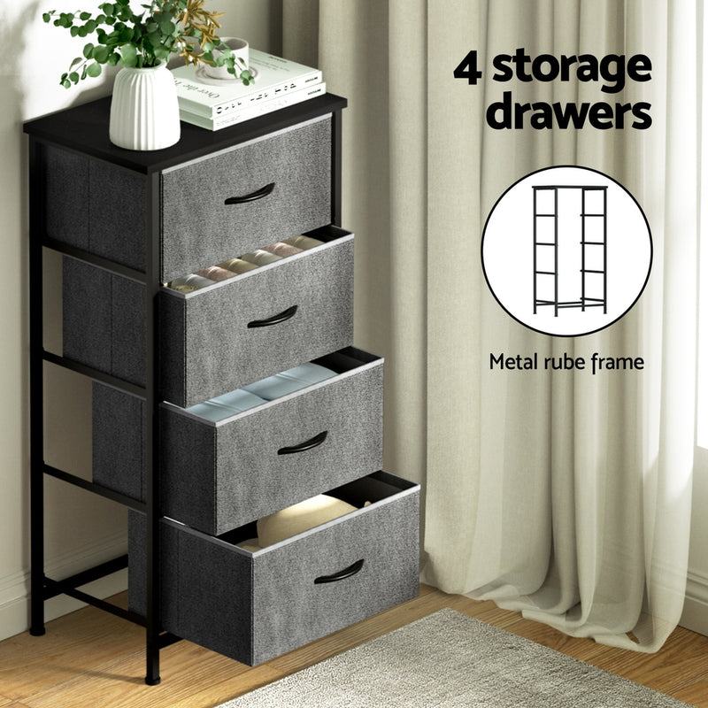 Chest of 4 Drawers Storage Dresser Tallboy Grey with fabric drawers and black metal frame, styled with decor on top