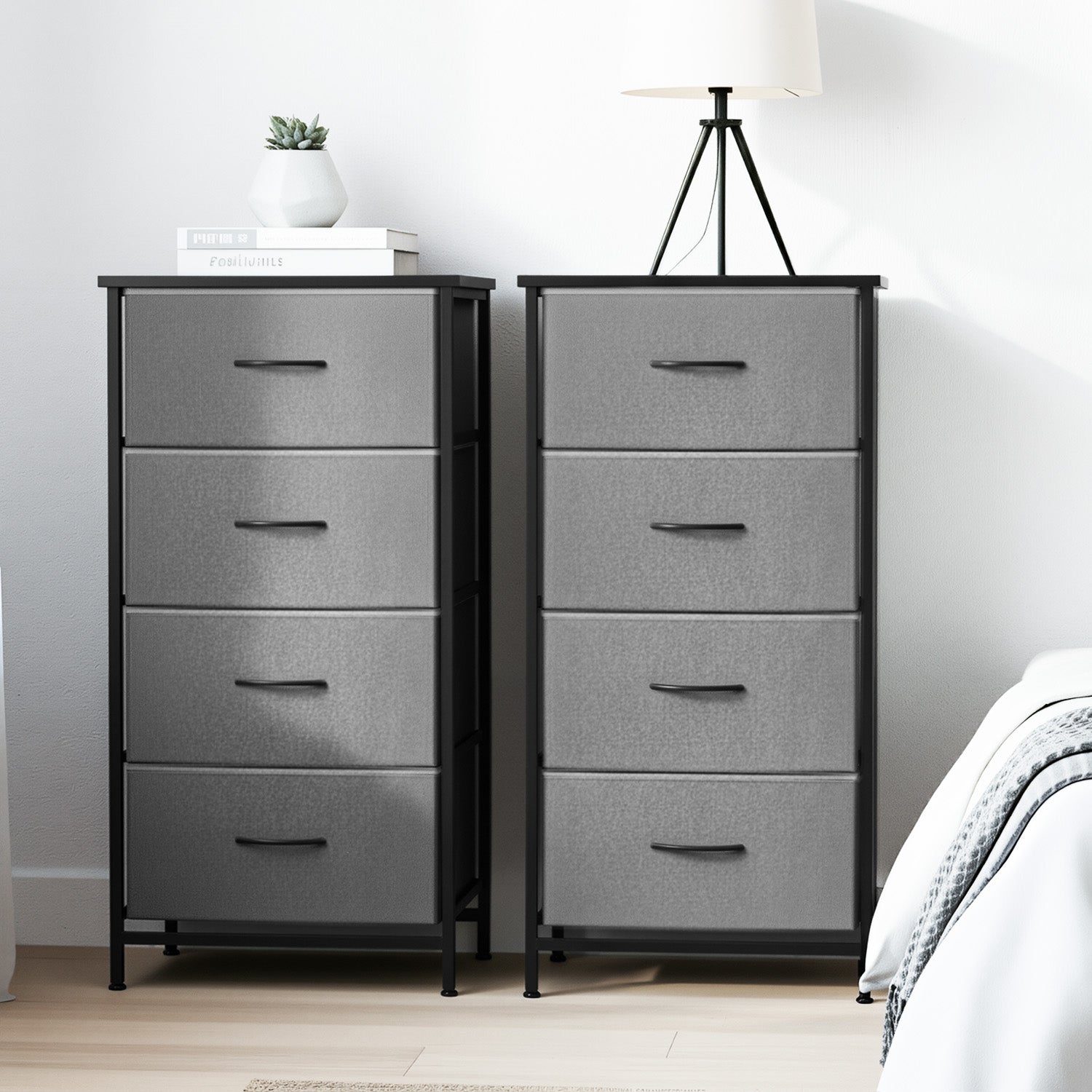Set of 2 Chest of 4 Drawers Storage Dresser Tallboy Grey with black frame, minimalist handles, styled in modern bedroom setting