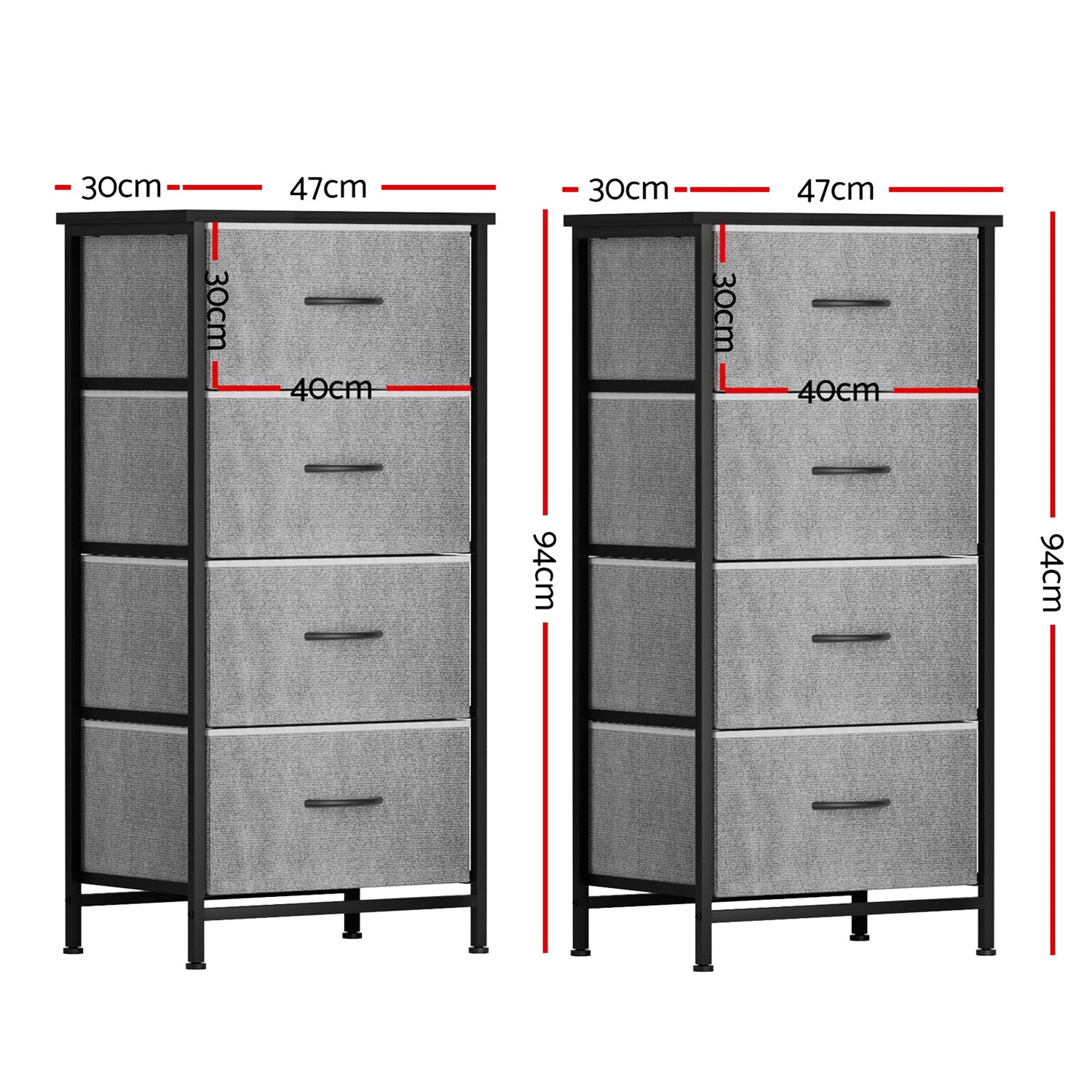Set of 2 Chest of 4 Drawers Storage Dresser Tallboy Grey with metal frame and fabric drawers, shown with dimensions