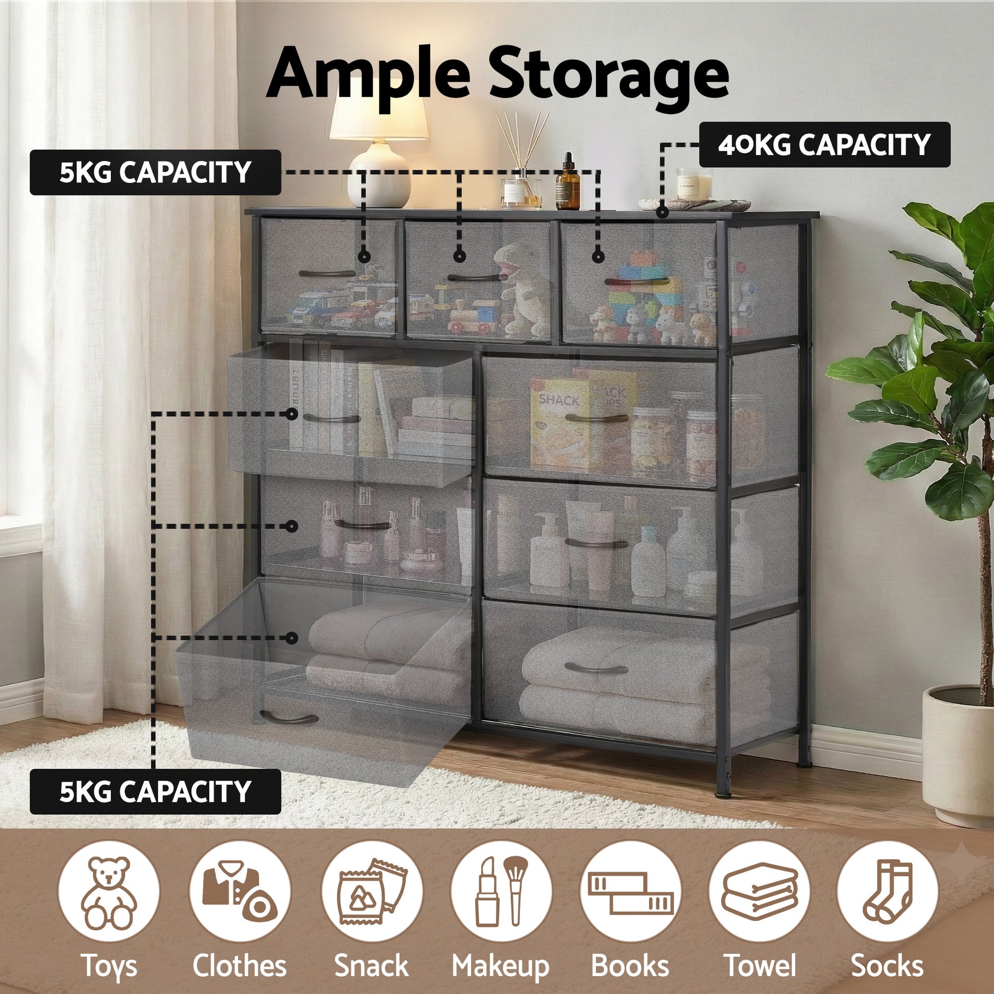 Chest of 9 Drawers Storage Dresser Tallboy Dark Grey-4