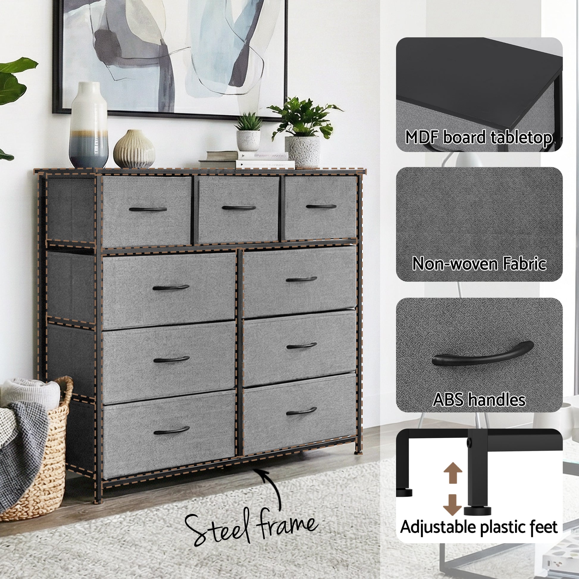 Chest of 9 Drawers Storage Dresser Tallboy Dark Grey-5