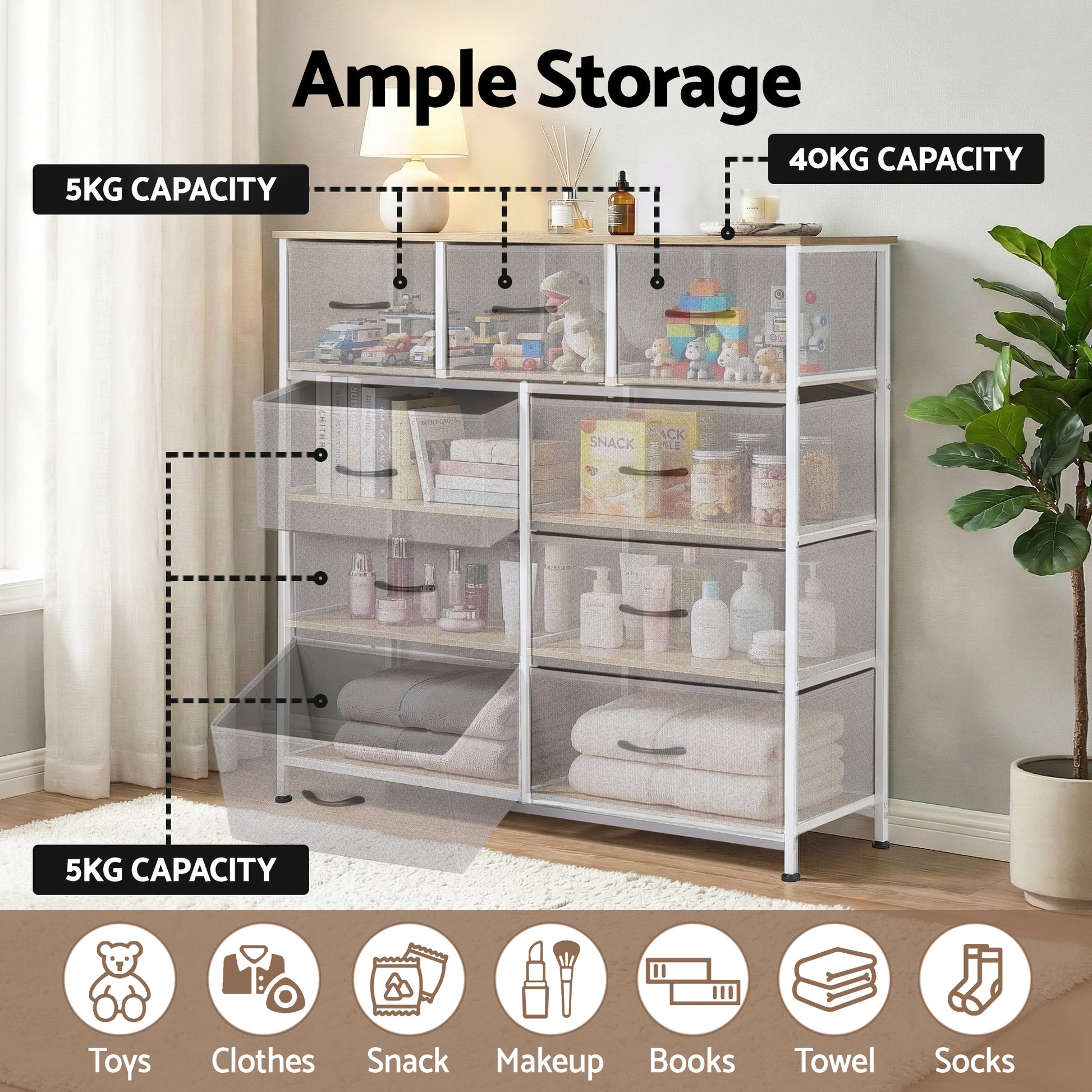 Chest of 9 Drawers Storage Dresser Tallboy Light Grey-4