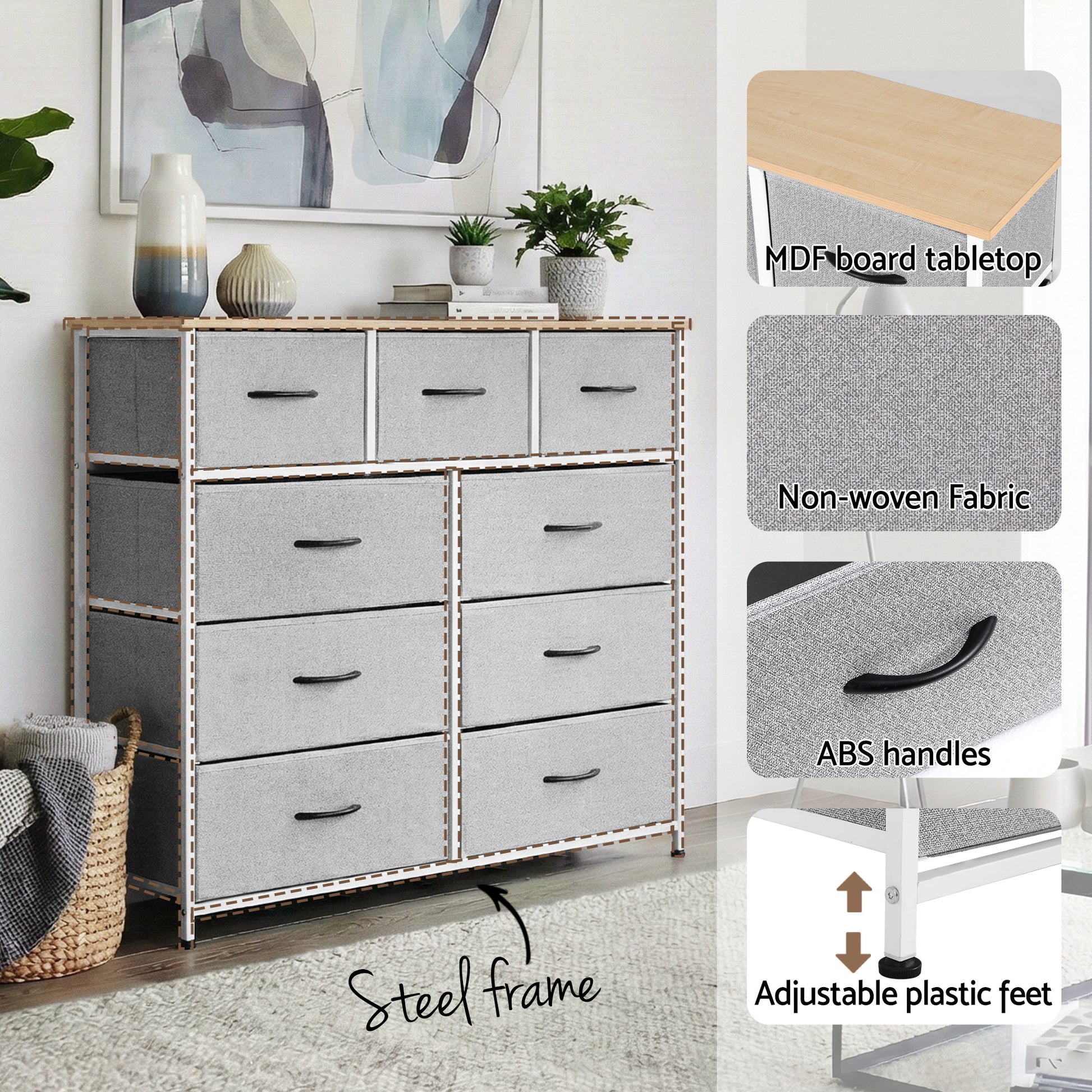 Chest of 9 Drawers Storage Dresser Tallboy Light Grey-5