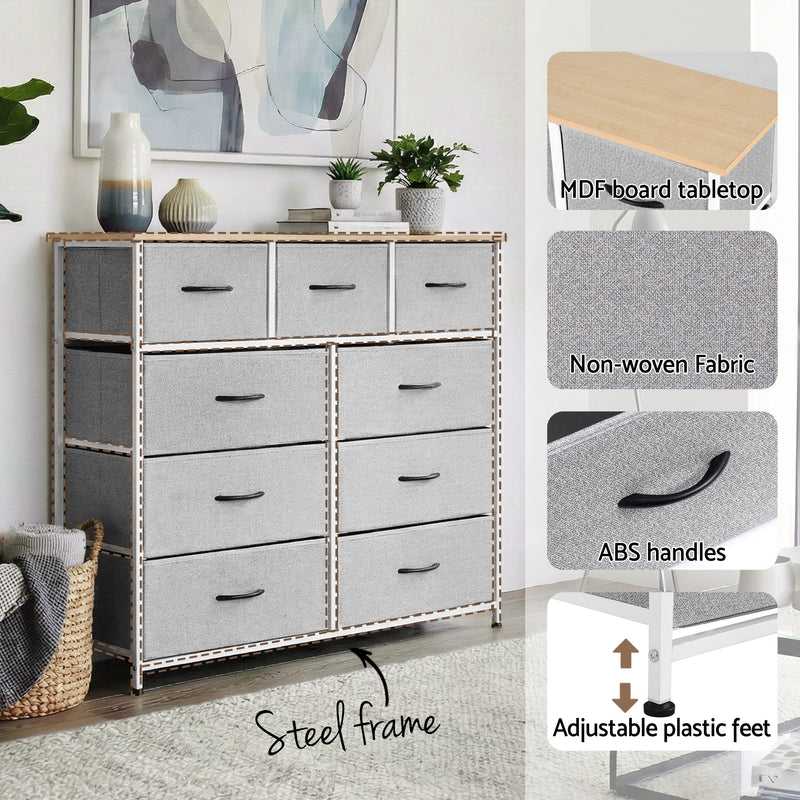 Chest of 9 Drawers Storage Dresser Tallboy Light Grey-5