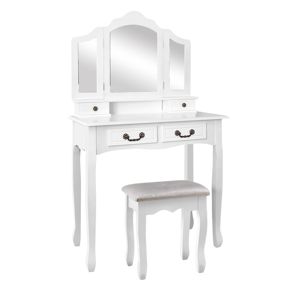 Dressing Table with Mirror - White featuring three-panel mirror, elegant legs, two drawers, and matching cushioned stool for bedroom furniture.