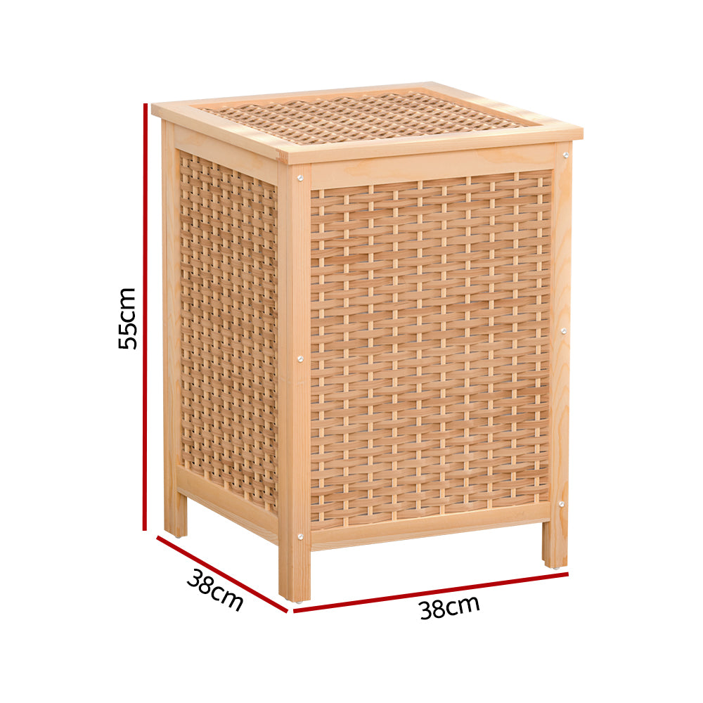 Laundry Hamper Bathroom Storage Cabinet Wooden Organiser Bag Clothes with pine wood frame and woven panels, 55x38x38cm dimensions