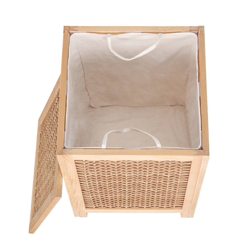 Laundry Hamper Bathroom Storage Cabinet Wooden Organiser Bag Clothes with pine wood frame and fabric liner, open lid view.