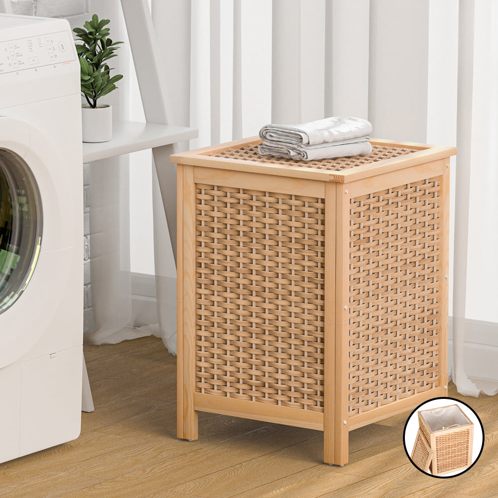 Laundry Hamper Bathroom Storage Cabinet Wooden Organiser Bag Clothes with pine wood frame and woven panels in laundry room setting