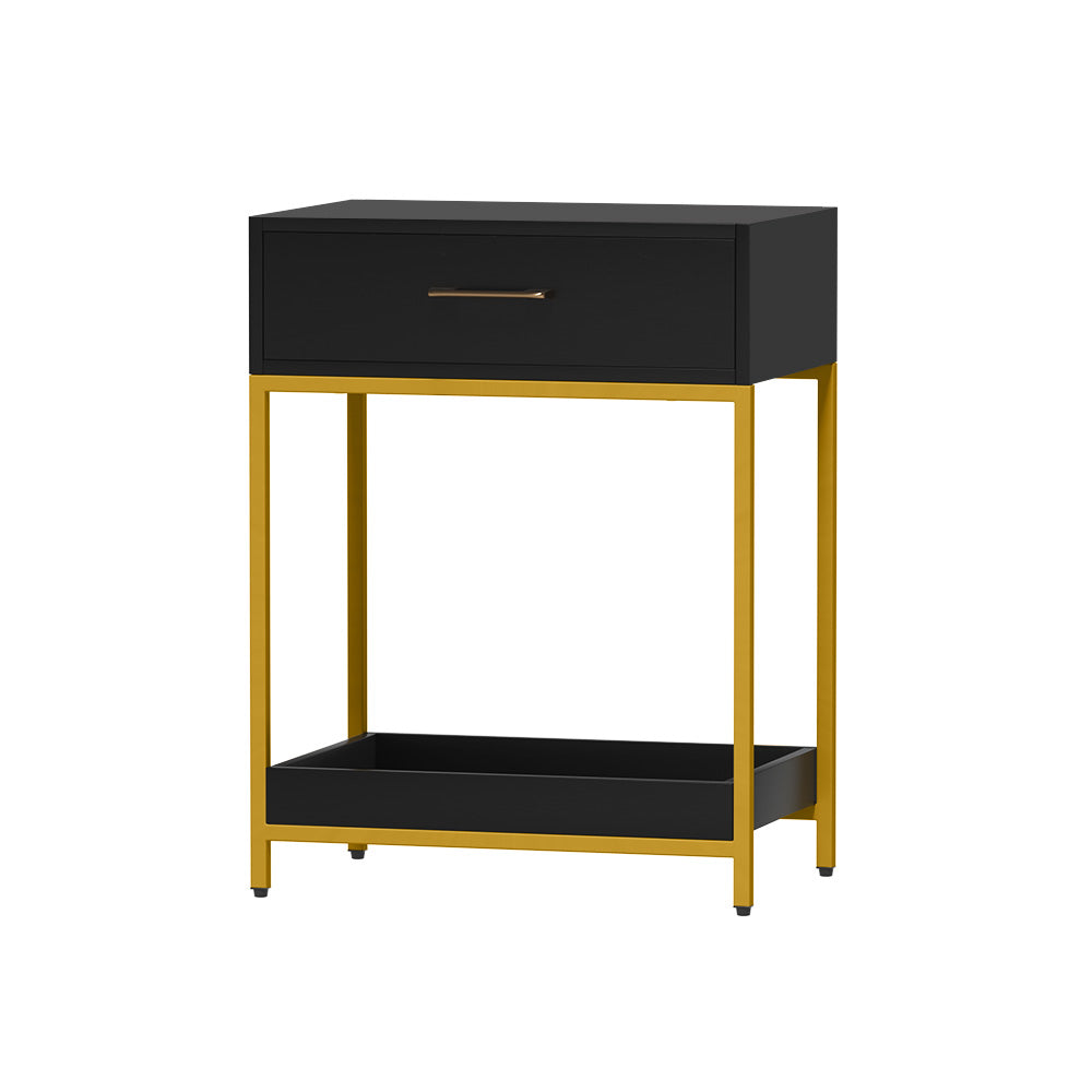 Bedside Table With Top Drawer & Bottom Tray - Black With Gold Trim, gold frame and sleek black storage surfaces