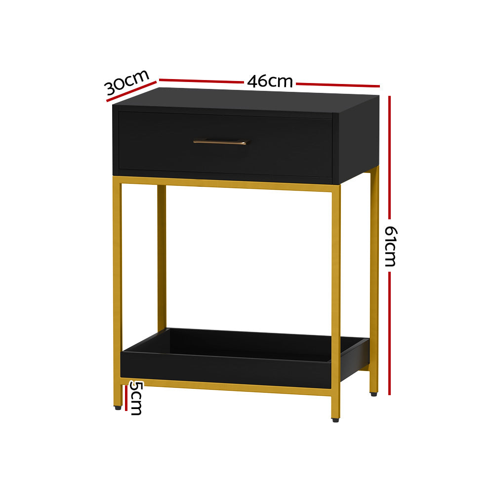 Bedside Table With Top Drawer & Bottom Tray - Black With Gold Trim, modern bedroom furniture with gold metal frame and black finish