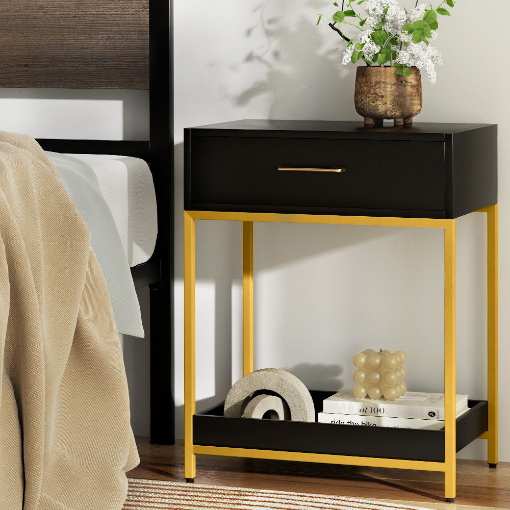 Bedside Table With Top Drawer & Bottom Tray - Black With Gold Trim