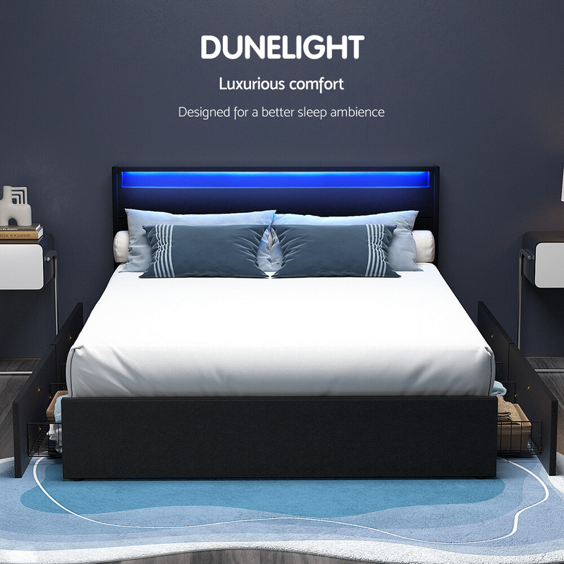 Queen Package | Dunelight LED Bed Black & Bonita Euro Top Mattress Medium Firm with blue LED headboard lighting and modern bedroom furniture