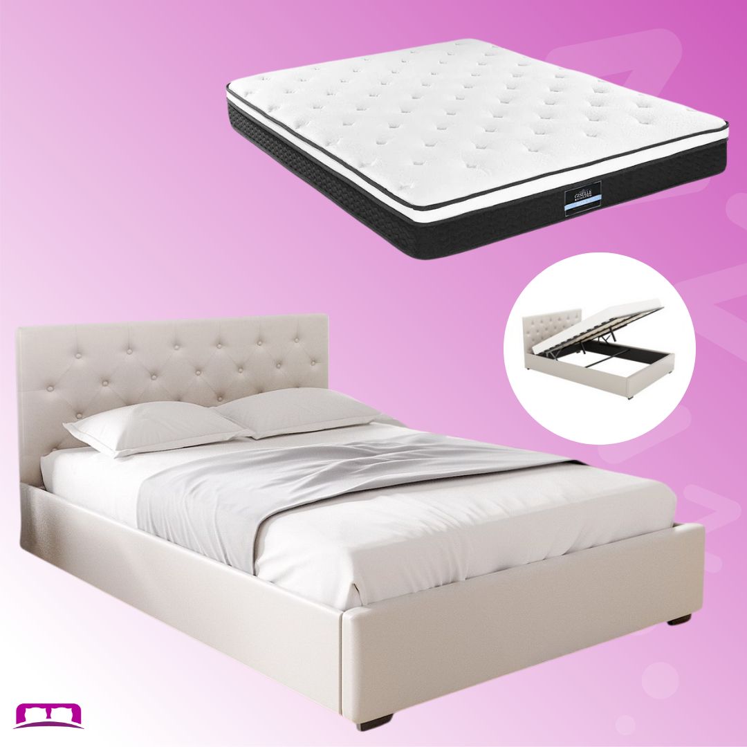 Queen Package | Dorilla Gas Lift Storage Bed Frame Beige & Bonita Pillow Top Mattress (Medium Firm)