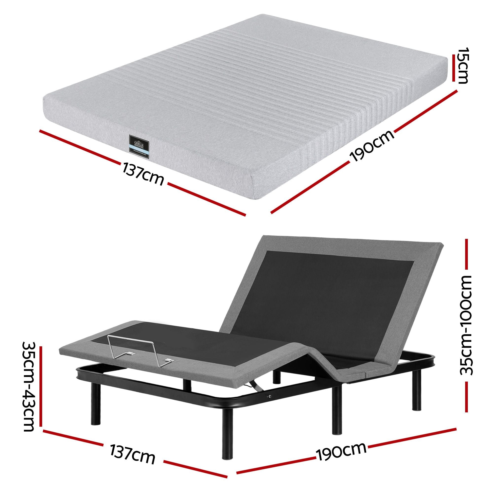 Double Bed Frame and Giselle Bedding Double Memory Foam Mattress Set, Electric Bed Base with Zero Gravity & 7 Zone Cooling Comfort for Back Pain Relief, Black & Grey,15cm Thickness